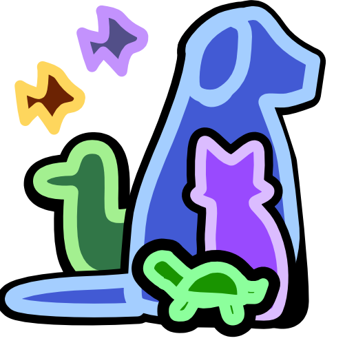 Overlapping with the body of a seated blue dog is a purple cat and a green turtle shaped creature.  Peaking out from behind the dog is a green bird, and above are 2 tropical fish, one yellow the other purple. The image has light line art echoed with black everywhere except around the line art of the fish.